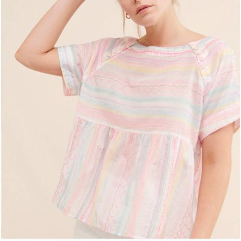 ANTHROPOLOGIE Letty Embroidered Neon Babydoll Top